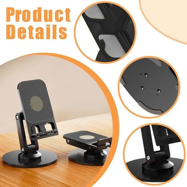 2 foldbare 360° roterende telefonholdere. Sorte og hvide farver, universelle til alle smartphones.