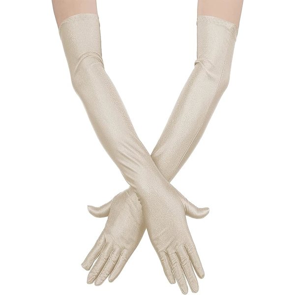 Dam långa satinfingerhandskar opera bröllopsdanshandskar fest stretchiga handskar (beige)