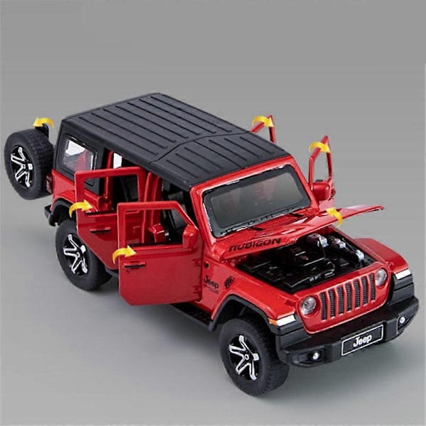 1:32 Jeeps Wrangler Rubicon Leketoymodell i Metall, Terrengbil, Simulering av Lyd og Lys, Lekebil for Barn, Gave Red