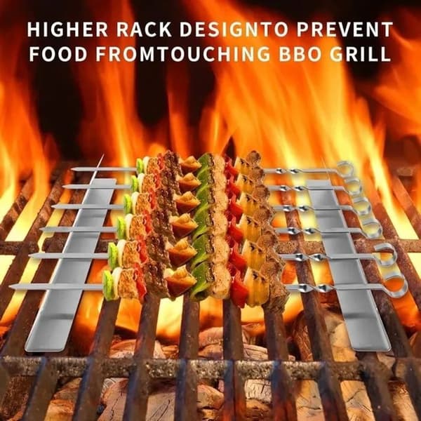 Grillspydholder i rustfritt stål, 2 stk, 6 hakk, 30 x 3 x 4,5 cm, gjenbrukbar grillspydgrill