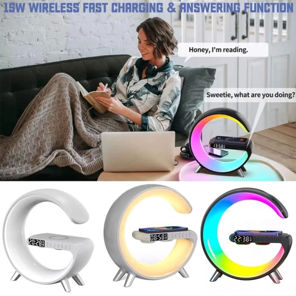 Big G Smart Light LED Trådløs Lader Bluetooth-høyttaler Vekkerklokke Atmosfærelys Hvit Støy Sovelys 2023 Ny