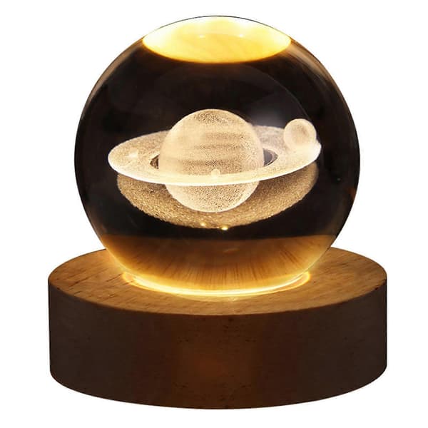Liten Kristallkula med Träbelysningsbas 3D-glaskula med LED-ljus Saturn