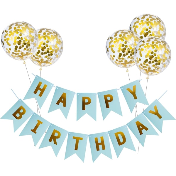 Gratulerer med bursdagen Banner Bursdag Bunting med 5 gullkonfetti lateksballonger Perfekt for bursdagsfestdekorasjoner (blå)