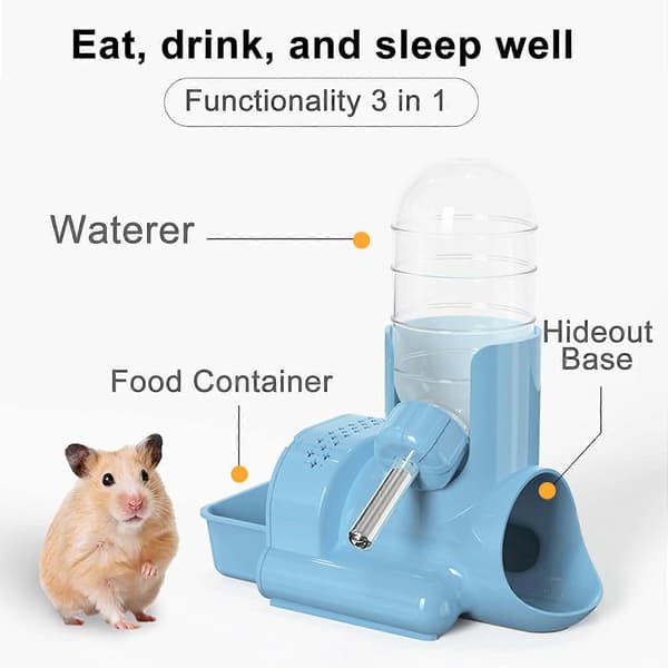 Hamstervattenflaska, 3 i 1 vattenflaska automatisk flaskdispenser med matbehållare basstuga för hamster, mus, råtta, igelkott Blue
