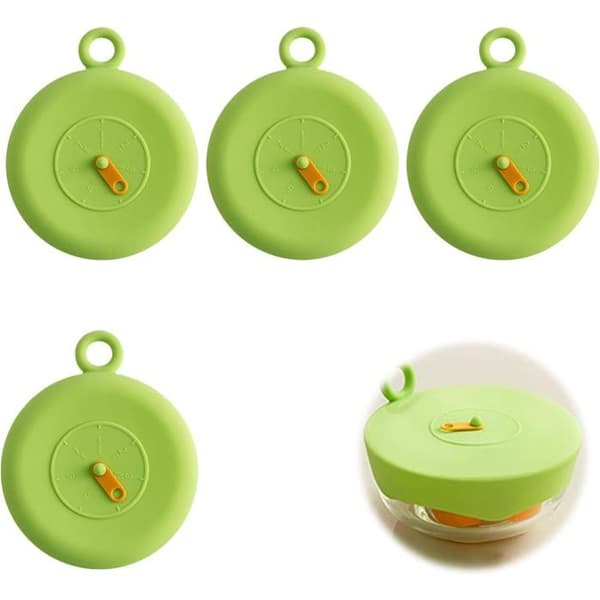 4 strækbare silikonelåg (10 cm). Integrerede timere, BPA-fri. Grøn. Ideel til kopper/glas/dåser.