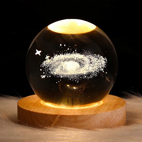 3D Planet Krystallkule Nattelys, Krystallkule med Trebase, 3D Gravert Solsystemplaneter Krystallkule, Hjemmedekorasjon Galaxy