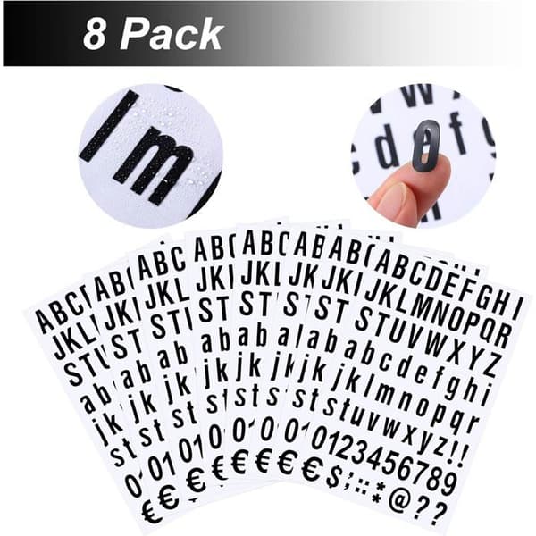 8 arkin sarja aakkosnumeerisia vinyylitarroja postilaatikon numeroihin (musta, 2,5 cm)