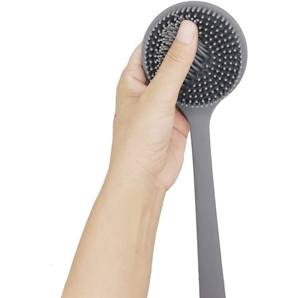 Silikon ryggbørste for dusjbad, kroppsbørste med langt håndtak, BPA-fri, hypoallergen, miljøvennlig (grå)