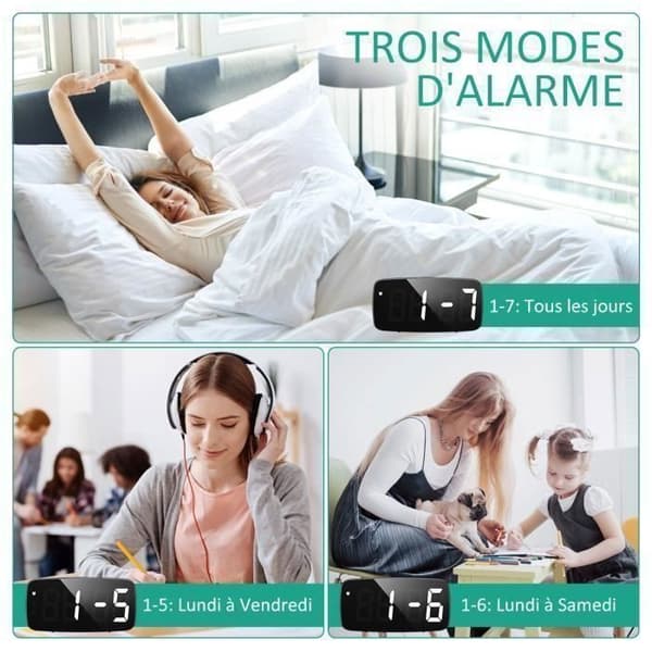 Digital vekkerklokke, LED vekkerklokke med slumrefunksjon, justerbar lysstyrke, med dagmodus, 2 strømforsyningsmoduser (svart)