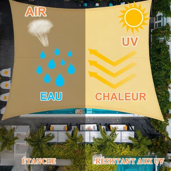 Vanntett rektangulær solseil, 420D Oxford-stoff, 95 % UV-beskyttelse for uteplass, hage, terrasse - 3x4m