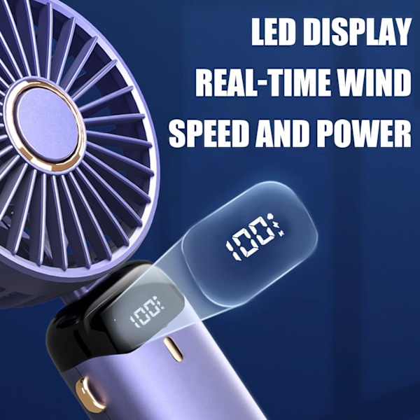 Bærbare håndholdte USB-genopladelige ventilatorer med 5 hastigheder, batteridrevet mini-ventilator, foldbar bordventilator med LED-display til kontor, udendørs rejser Blue