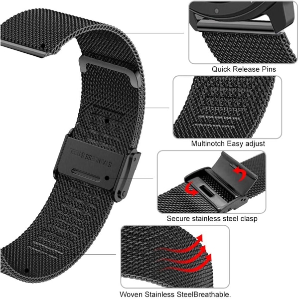 Mesh vevd metallklokkebånd for menn og kvinner, universell rem for smartklokker og Seiko-klokker 20 mm svart