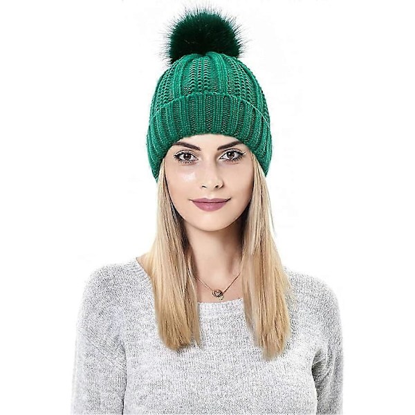 Stickad mössa för kvinnor med satin foder Pom Pom Vinter Varm Mössa Tofsmössa