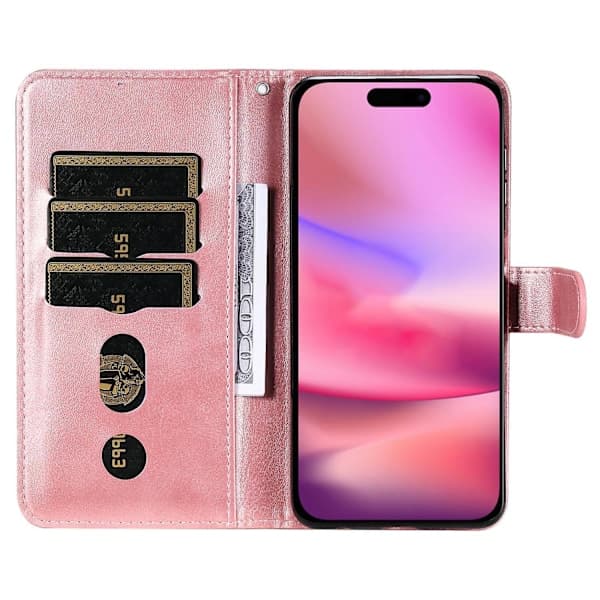 Fodral för iPhone 16 med dragkedjeficka, plånbok, stöttåligt PU-läderfodral - Rosa