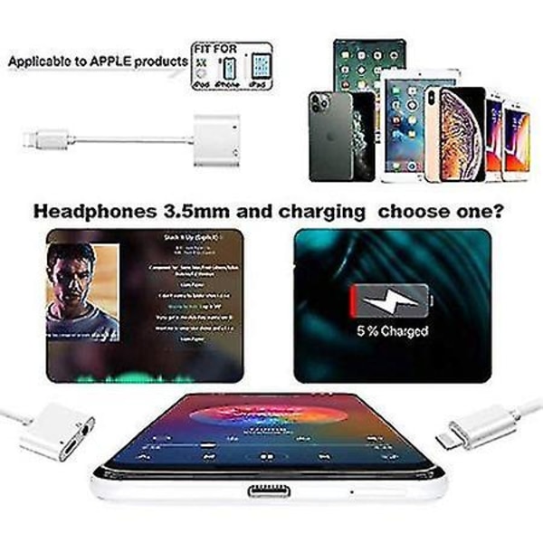 [apple Mfi Certified] 2-pack Lightning till 3,5 mm hörlursuttag Adapter för Iphone, 2 i 1 laddare + Aux Audio Splitter Dongle Adapter för Iphone 12/s
