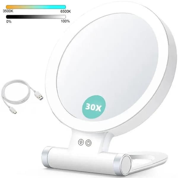 Makeupspejl, 1x/30x Dobbeltsidet LED Forstørrende Foldespejl, 3-farvet Belysning, Bærbart og Elegant