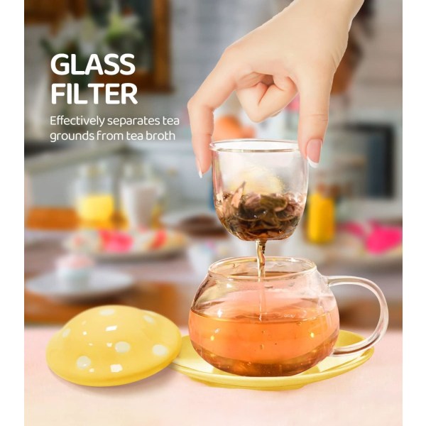 Sienimuki, teekuppi hauduttimella, lasiset kahvikupit, lasialusella. Kupin kansi. Teesiivilä, 290 ml (keltainen)