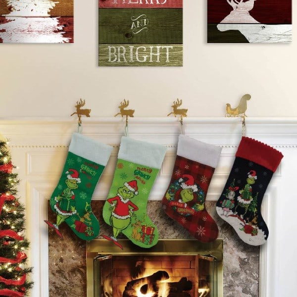 Grinch Julstrumpor Set om 4, Grinch Monster Julgåväska, Rolig Julspis Hängande
