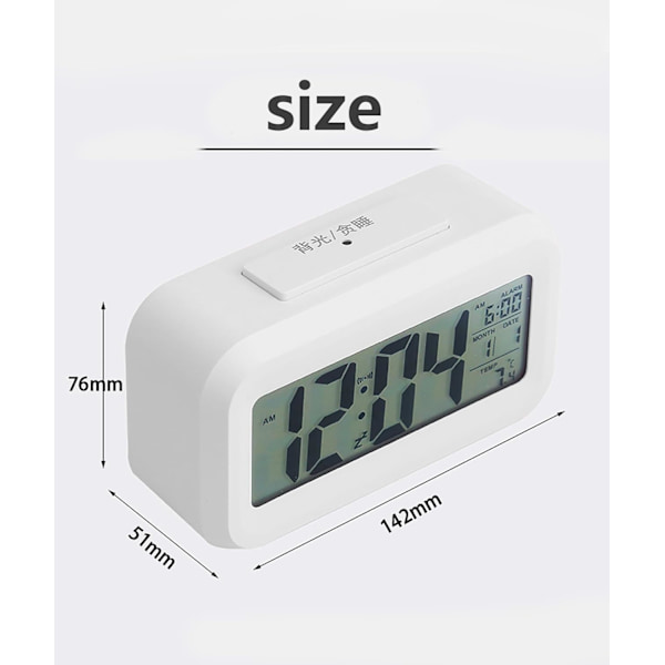12/24 timmars digital väckarklocka sängbordsklocka med bakgrundsbelyst LCD-skärm datum kalender och temperaturvisning (vit