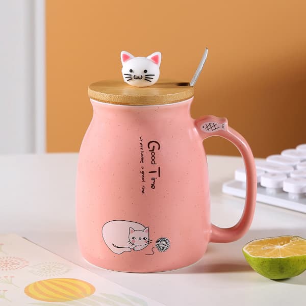 Frukostmugg Present till Vänner Katt Kaffemugg Kanin Tekopp med Lock Sked Rosa Pink