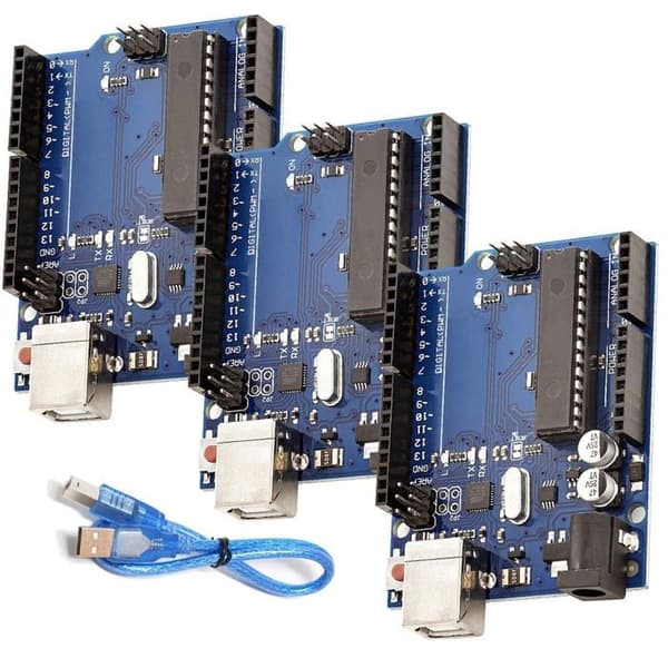 3 x mikrokontrollerkort med ATmega328P og ATmega16U2, inkludert en e-bok