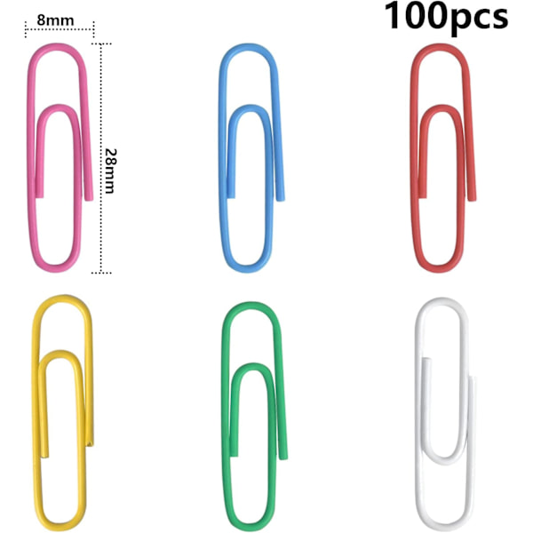 100 stk. papirclips, farvede papirclips, sæt med kontorklips og rustfrie farvede papirclips, overtrukne metalpapirclips til kontor- og skoledokumenter
