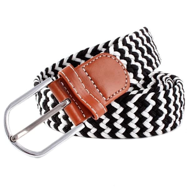 41 * 1,3 tum Unisex Elastisk Flätad Stretch Bälte Casual Herr Dam Midjebälte med PU Läder Spänne black white