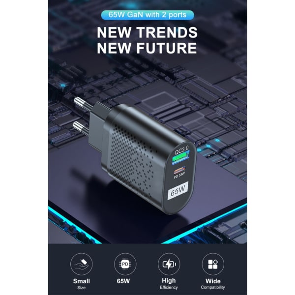 USA/EU/UK/KR 65W GaN-laddare för QC 3.0 USB PD väggladdare Typ C USB snabbladdare för bärbar telefon Power Bank-adapter