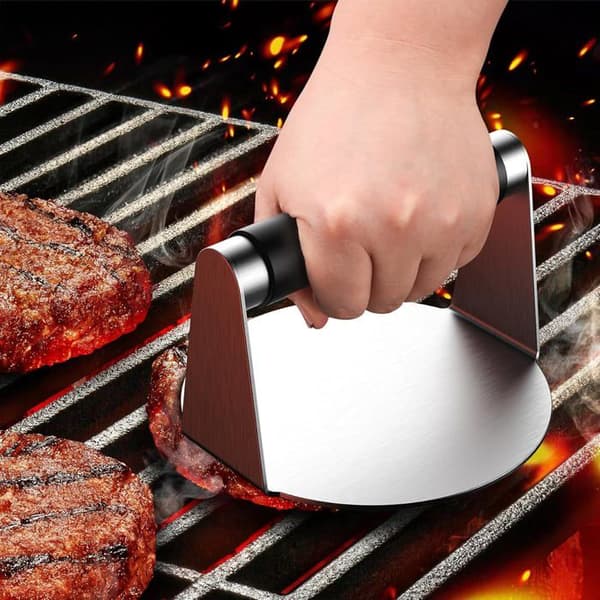 Hamburgerpresse, rustfritt stål - med varmebestandig håndtak, 14 cm, for kjøtt.