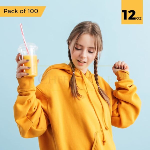 100 kpl muovisia smoothie-kuppeja kupolikannella Smoothie-kuppi kannella smoothieille - kierrätettävät ja kertakäyttöiset kupit (100 pakkausta) 12oz