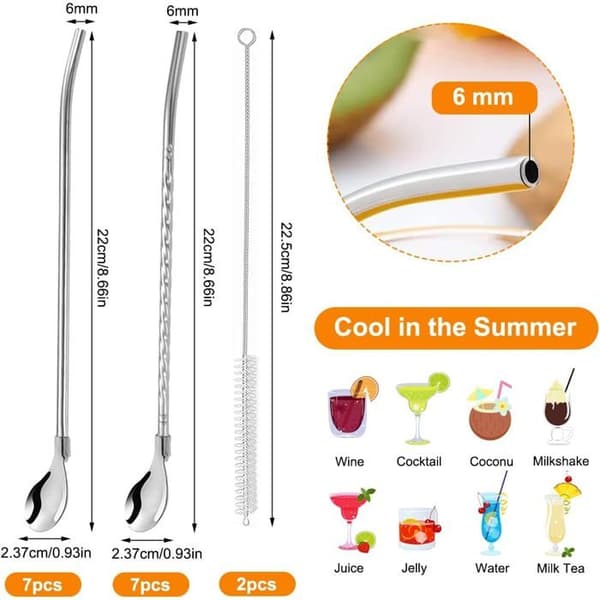 Cu-skeer og metalsugerør - Rustfrit stål - 2 i 1 - 22 cm - Pakke med 14 - Genanvendelig