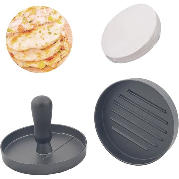 Hamburgerform i aluminium med 200 ark non-stick papper, diskmaskinssäker (svart).
