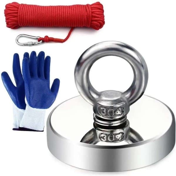 Neodymmagnet, fiskemagnet 150 kg, 10 meter rep & skyddshandskar silver