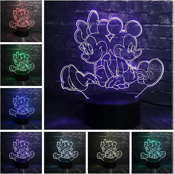 Nattlampe for barn Mickey Minnie Mouse, 3D LED-lampe med fjernkontroll, 16 fargeendringer, stemningslys, julegave for tenåringer (Mickey og Minnie)