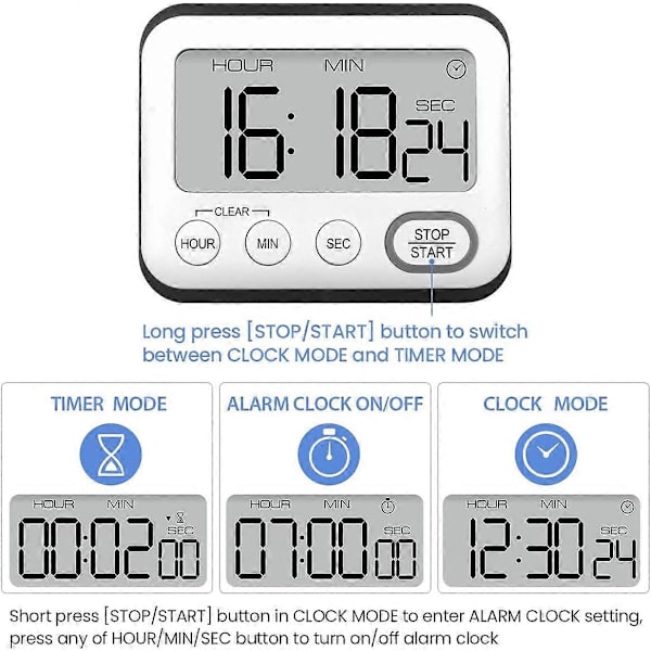 Køkken Timer Vækkeur Multifunktionel Digital Madlavningstimer med Stort LCD Display Store Tal Nedtællingstimer Optælling