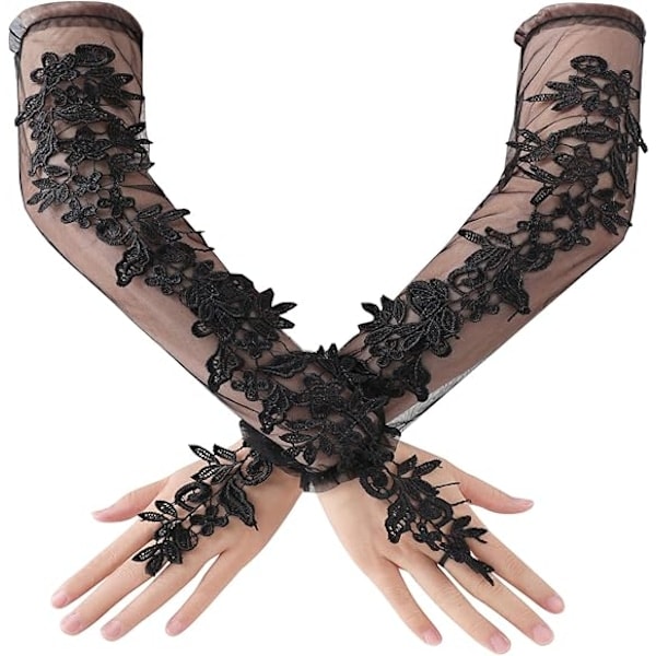 Kvinnors Spets Handskar - Långa Mesh Tulle Handskar Fingervantar Bröllop Opera Brud Handskar Flapper Tillbehör för Brudar, Svart