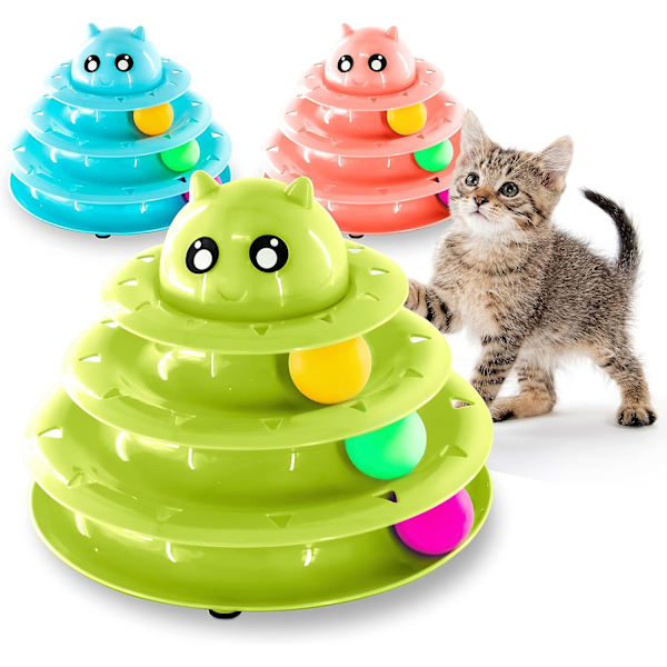 Rullande bollleksak för katt, interaktivt torn med 3 bollar, 3-vånings nöjeskattpinne, leksak för katt, träningsboll, pussel, grön