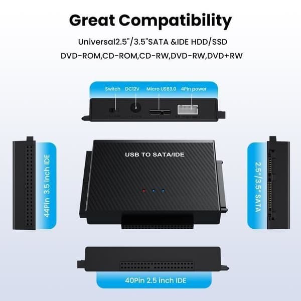 USB 3.0 til IDE SATA Harddiskadapter - 80 cm til 2.5\" 3.5\" IDE SATA SSD med Ekstern Strømforsyning