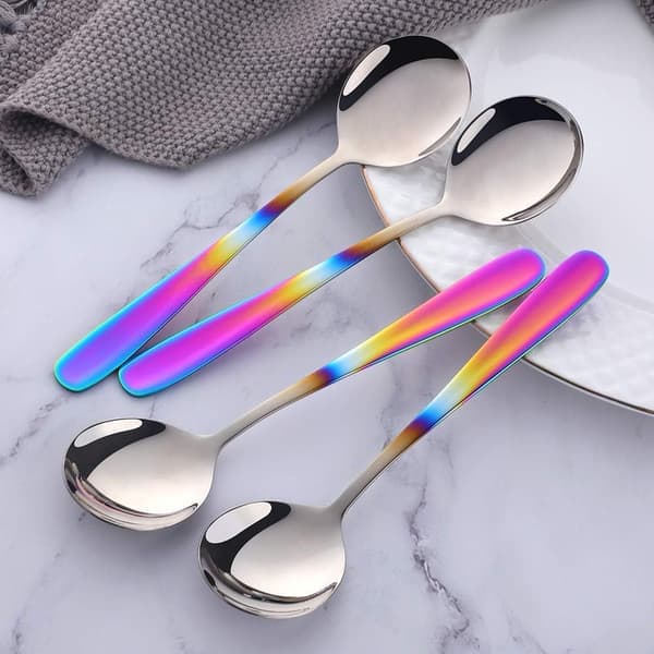 Buljongskje-sett, 18 cm runde suppeskjeer, rustfritt stål, ferdig spiseskje (Gradient Rainbow) COLORFUL