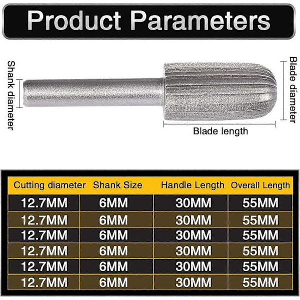 6 st Dubbelskurna Tungsten Rotationsfräsar 6mm Tungsten Skaft Filning/Gravering/Slipning Bits för Rotationsverktyg