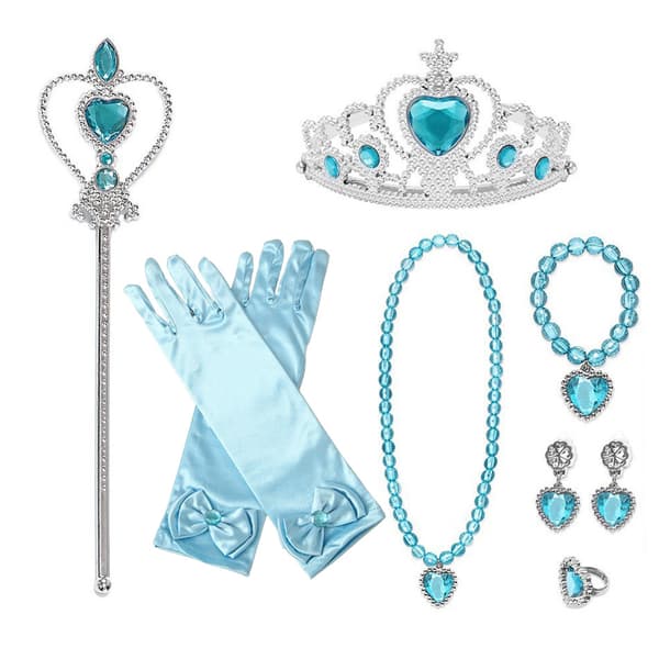 7-pack Prinsessklänning Utklädningsaccessoarer Presentförpackning, Vacker Krona, Scepter, Halsband, Handskar, Presenter till Flickor Blå