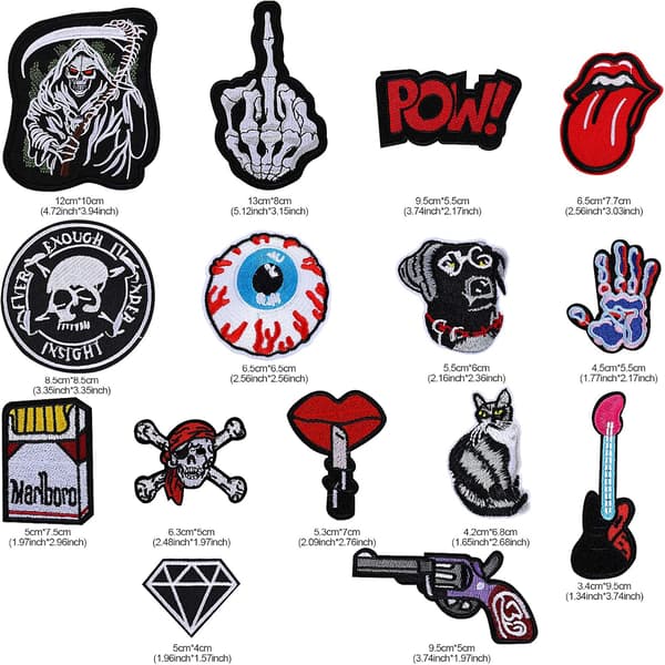 15 Stycken Cool Design Värmeöverföring Patch Stickers, Dödskalle Stryk på Broderade Märken
