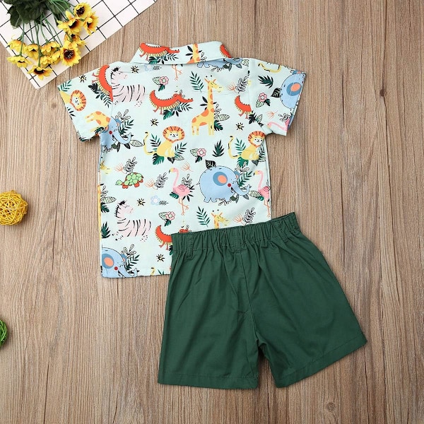 Pojkar Sommar Kläder Kortärmad Krage Knapp T-shirts Shorts Set Småbarn 2pcs Cartoon Djurtryck Kläder 90cm