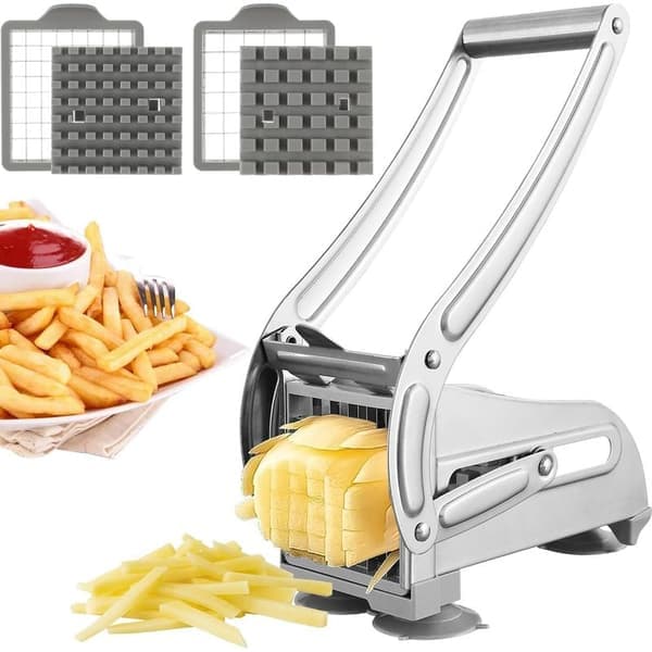 Potetkutter, profesjonell pommes frites-kutter, pommes frites-kutter i rustfritt stål med 2 erstatningsblader, sklisikker manuell pommes frites-kutter