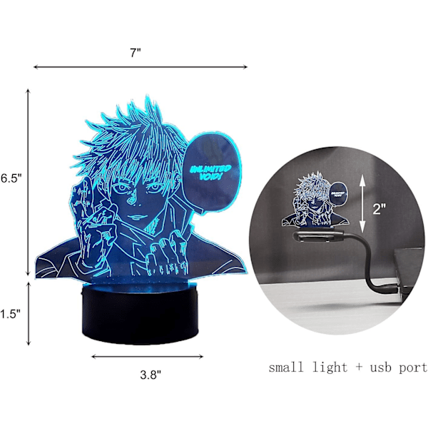 SBSG 3D Illusionslampe Jujutsu Kaisen LED Anime Lampe 16 Fargeendringer RGB Fjernkontroll Skrivebordsnattslys for Soverom (Satoru Gojo)