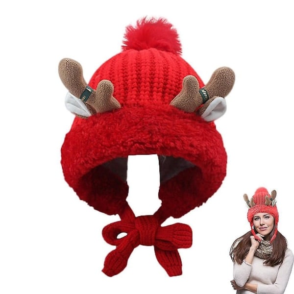 Julegave Sød Reindeer Ører Strikket Ørevarmer Beanie Kvinde Efterår Og Vinter Cykling Tyk Varmt Plys Hat