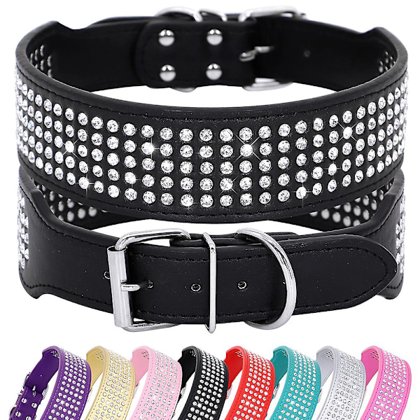5 Rader Strass PU Läder Hundhalsband Diamant Bling för Stora Hundar 2.0\" bred S:Neck 33-41cm Black