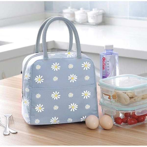 Bærbar termisk frokostpose køletaske Daisy mønster frokostboks arrangør Tote taske til voksne børn piger arbejde skole picnic camping rejse (grå blå)