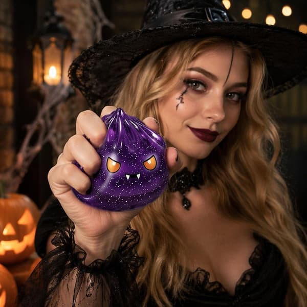 Halloween Lysande Långsamt Stigande Dumpling Leksak – Halloween Spökdumpling Stressavlastningsleksak med Ångkorg (Lila)