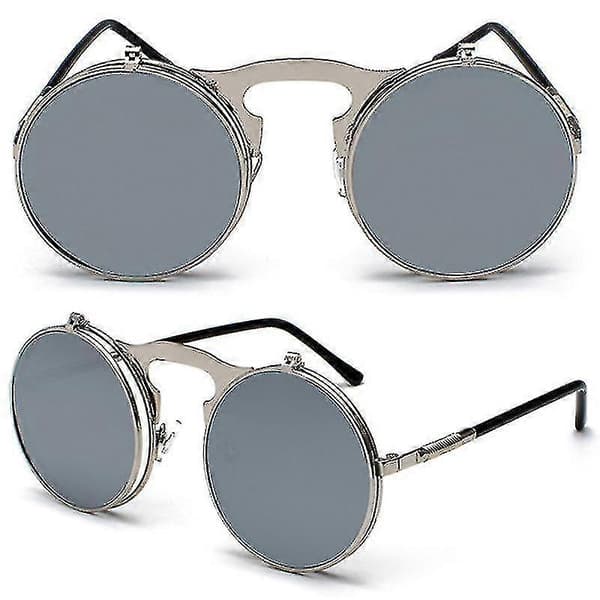 Herre Unisex Solbriller Flip Up Linse Runde Briller Silver Frame White Lenses